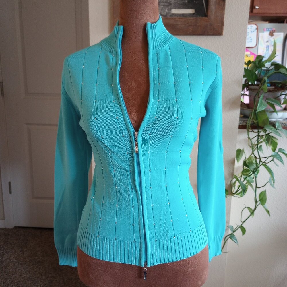 Vintage Y2K Aqua Rhinestone Zip Up Bodycon Sweater Cyber Angel Cyber Pop